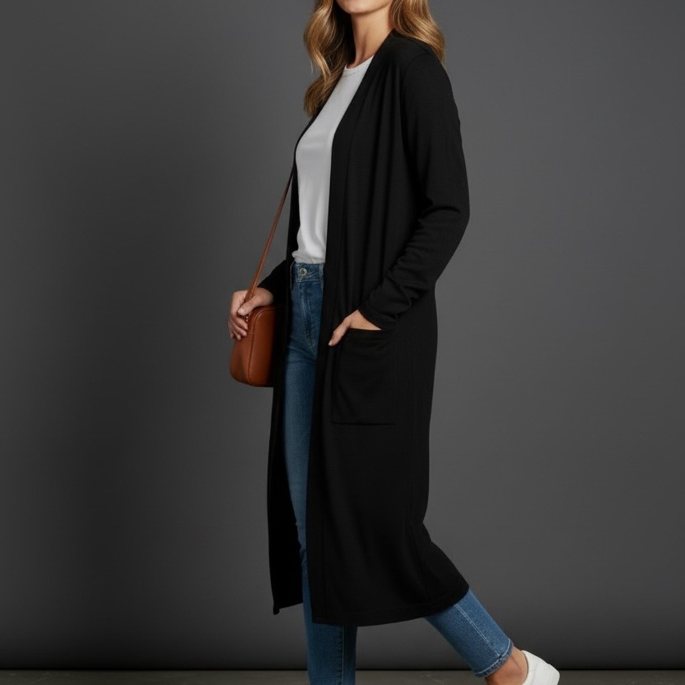 Women Elegant Black Lightweight Longline Cardigan